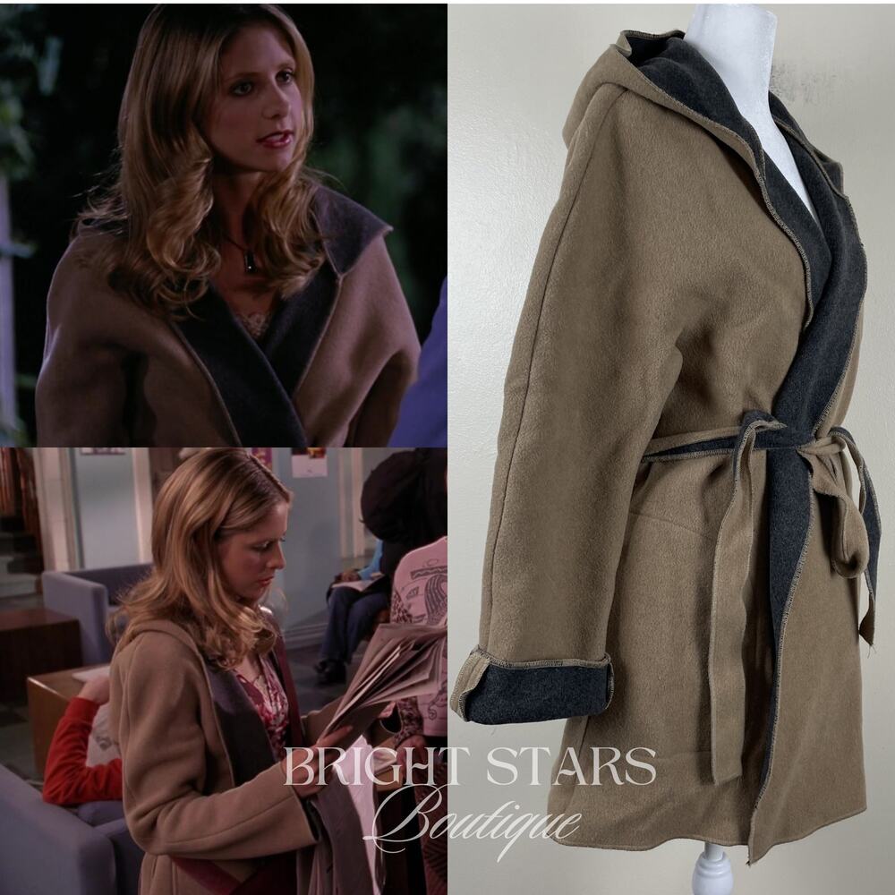 Rare Vintage Wool Coat Jacket ASO Buffy Summers BtVS Womens Tan Gray Belt - Picture 4 of 13